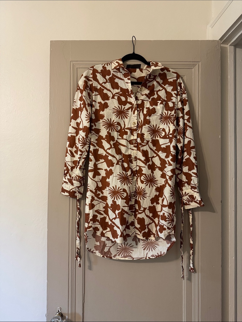Sunday in Brooklyn Cream and Brown Long Sleeve Floral Shirt Dress